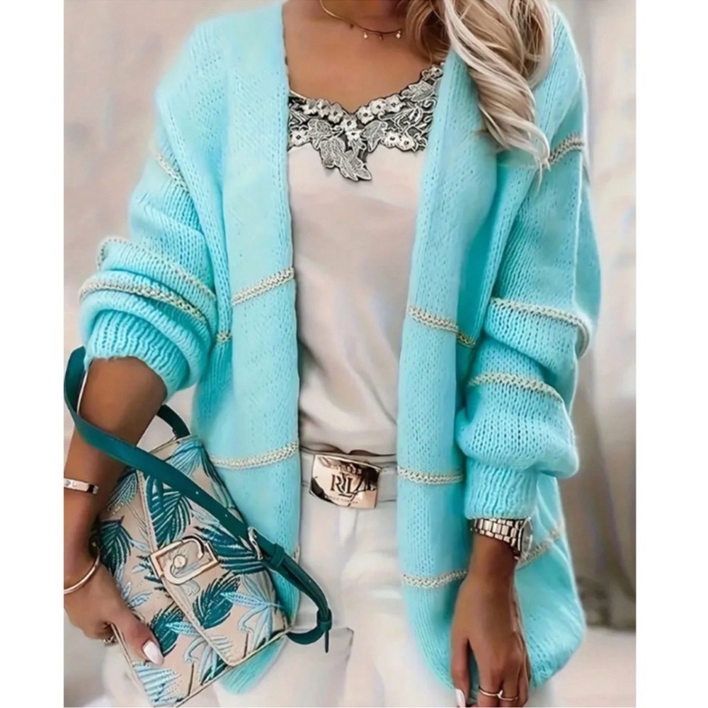 Cozy Aqua Solid Open Front Loose Fit Cardigan S M L 1X 2X 3X 4X